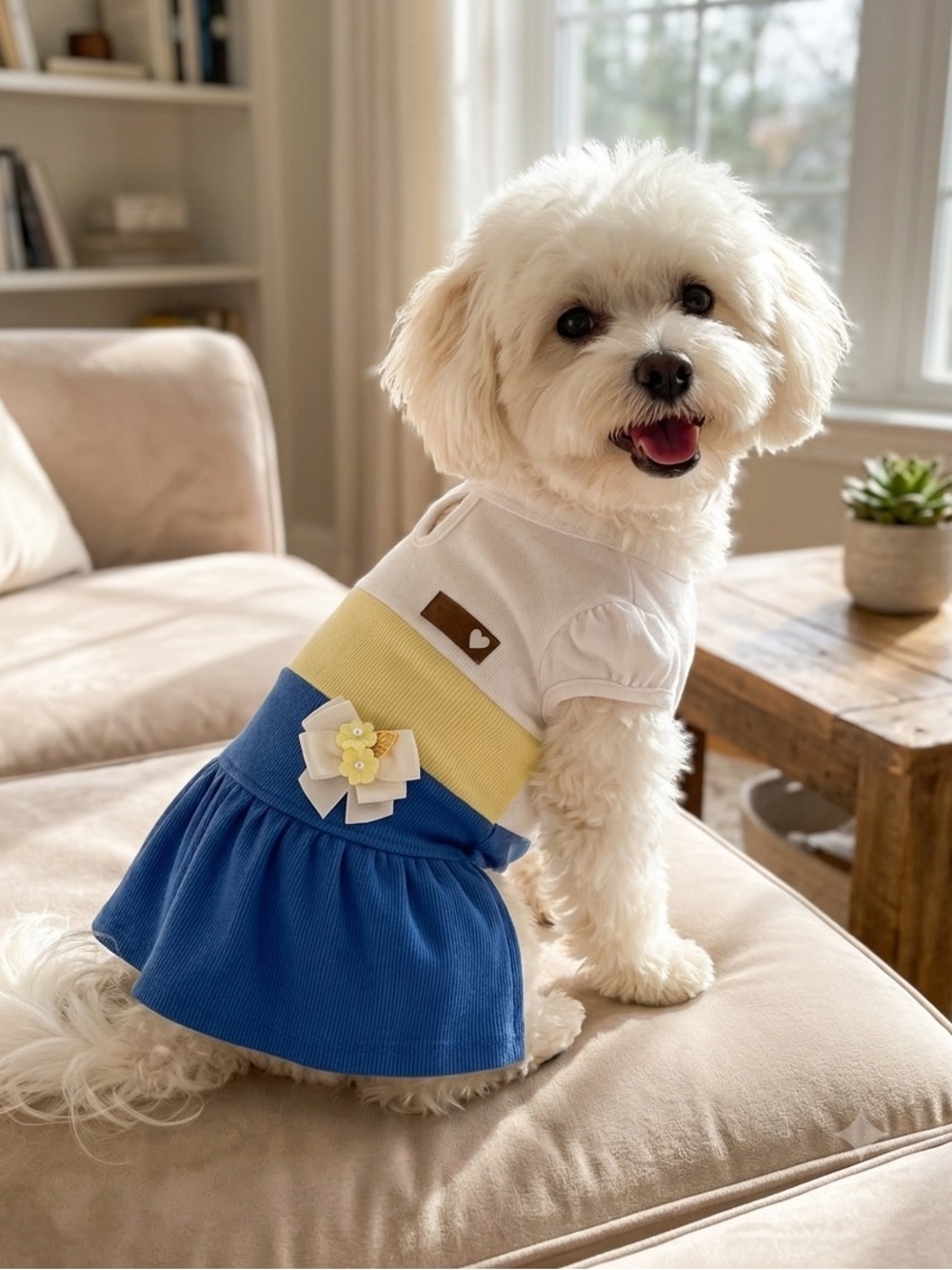 Striped Dudog Blue, Yellow & White Knit Dress with Bow Accent
